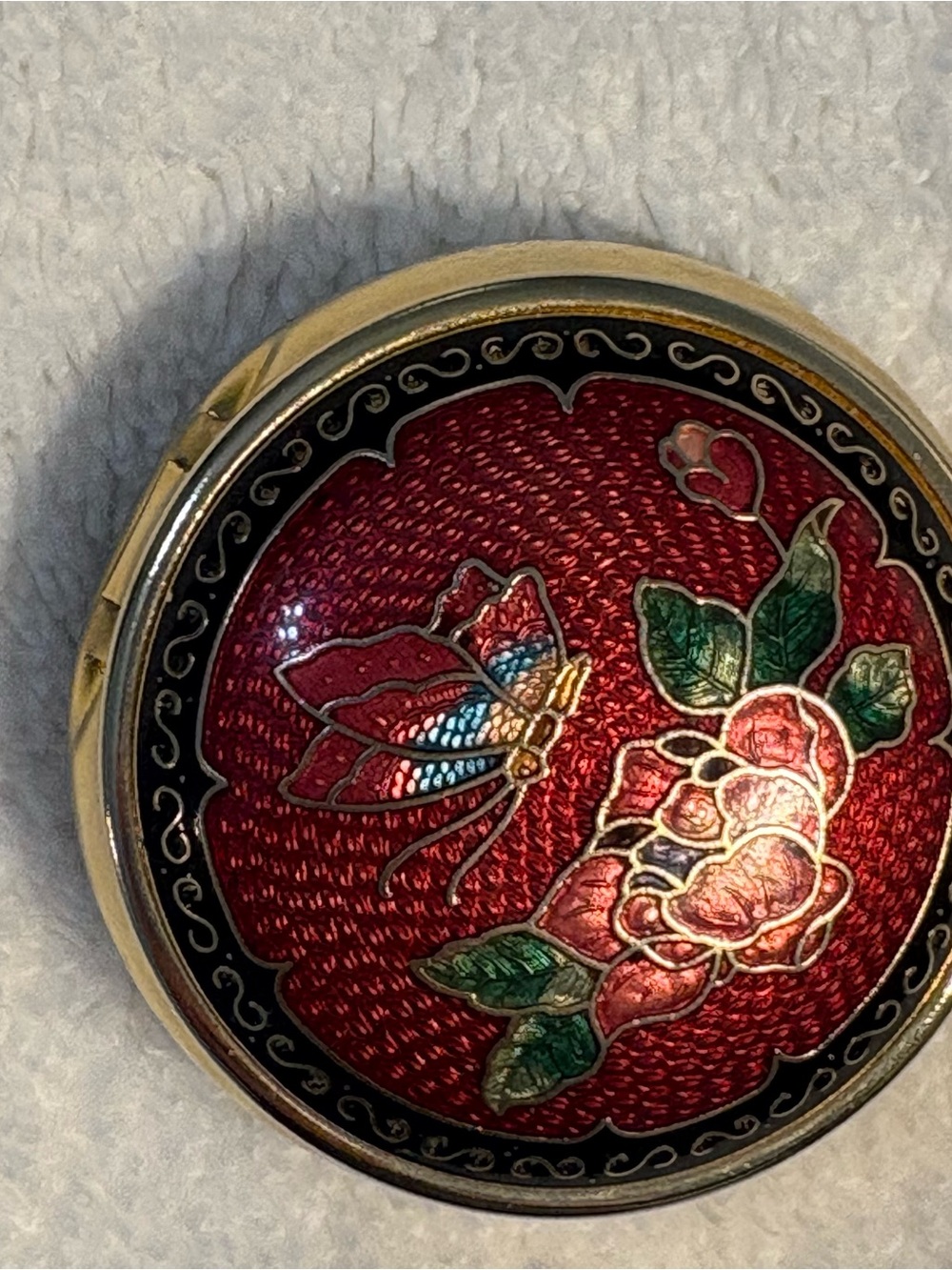 Vintage Cloisonné Enamel Pill Box Red Butterfly & Rose Gold Tone Round Trinket